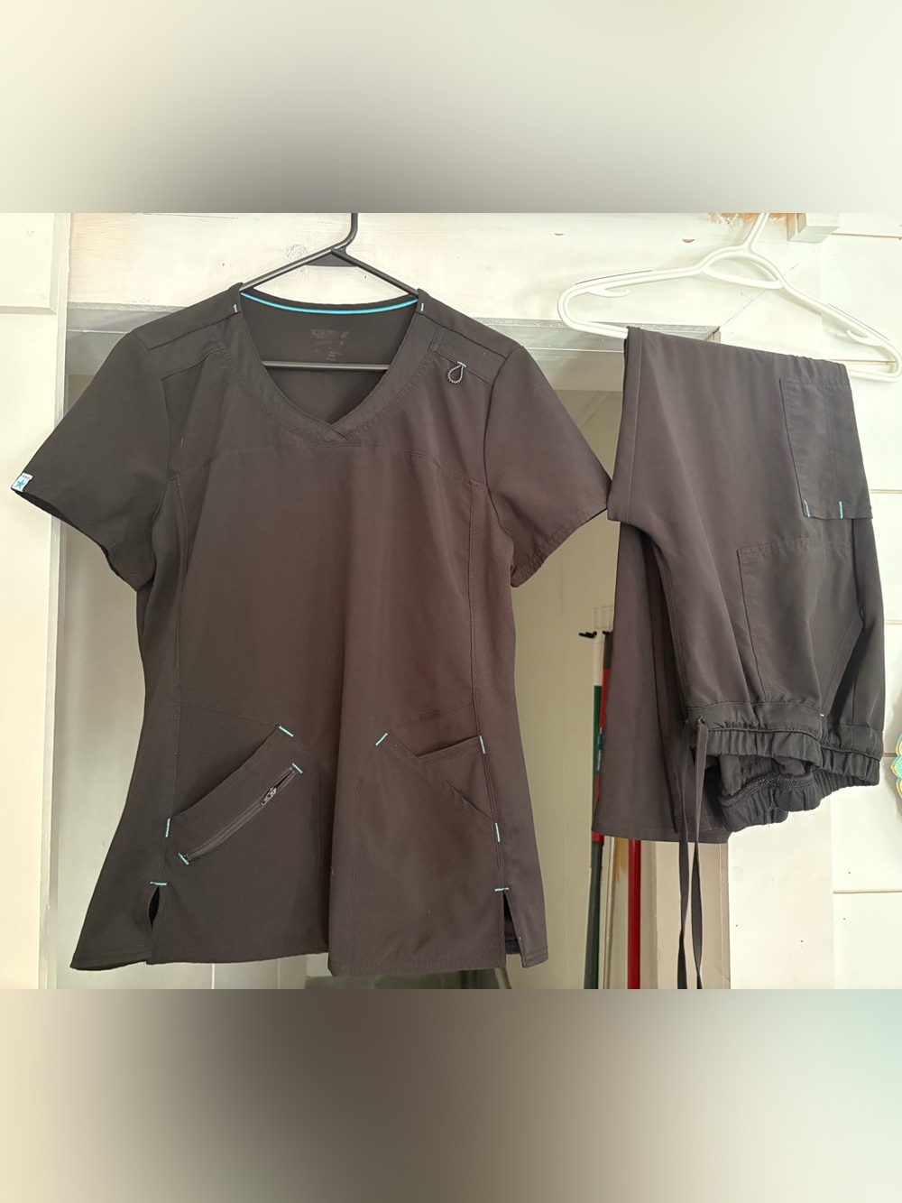 Scrubstar Women's Black V-Neck Scrub Set with Teal stitching